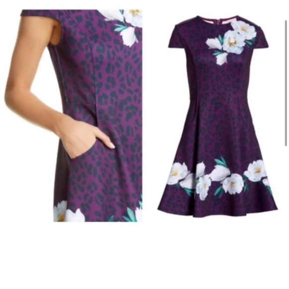 Ted Baker Floral Leopard Fit and Flare Pocket Purple Dress Size 3 - Picture 2 of 13